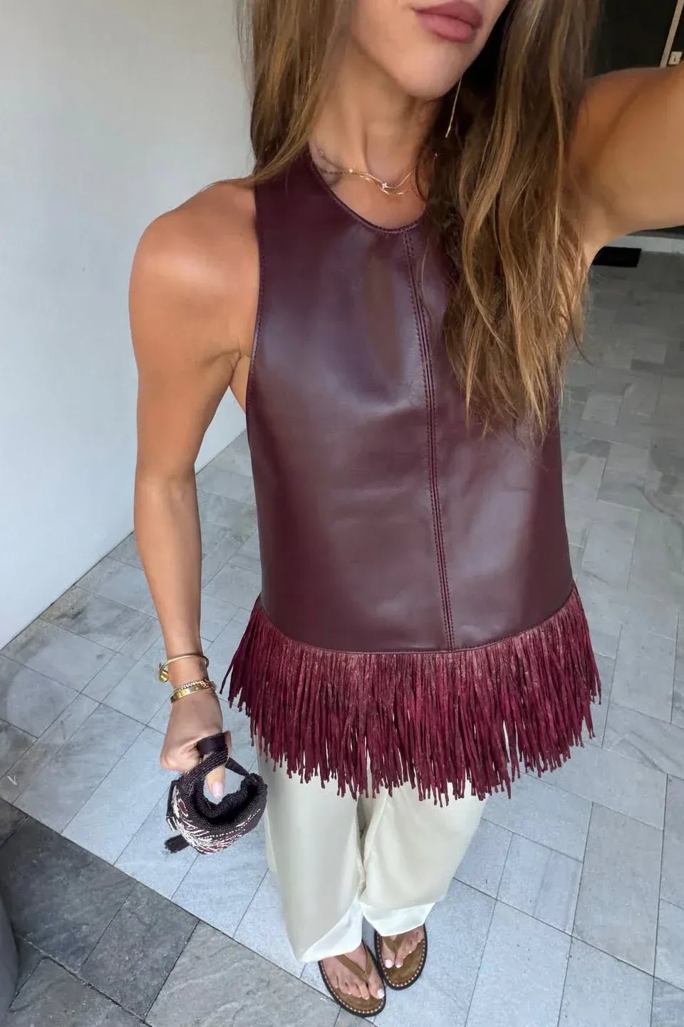 Top halter con flecos de piel sintética Sierra