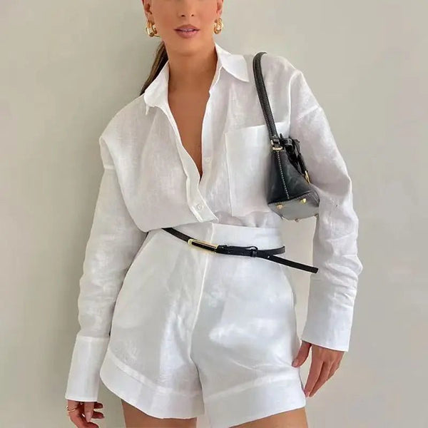 Conjunto de lino con camisa de manga larga y shorts de cintura alta Solenn