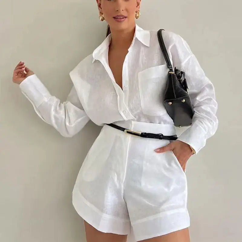 Conjunto de lino con camisa de manga larga y shorts de cintura alta Solenn