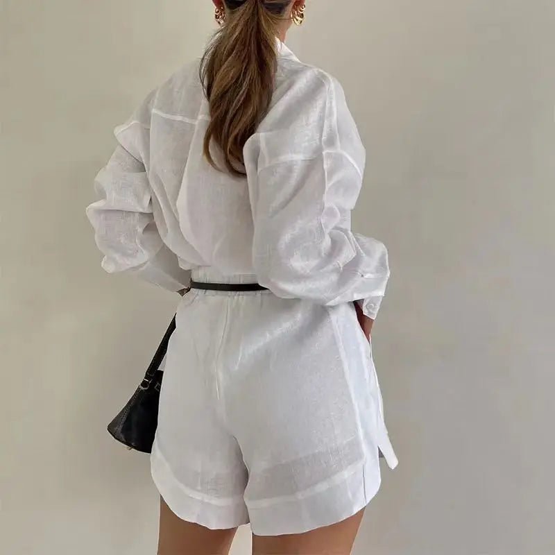 Conjunto de lino con camisa de manga larga y shorts de cintura alta Solenn