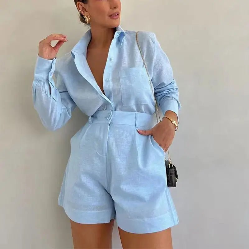 Conjunto de lino con camisa de manga larga y shorts de cintura alta Solenn