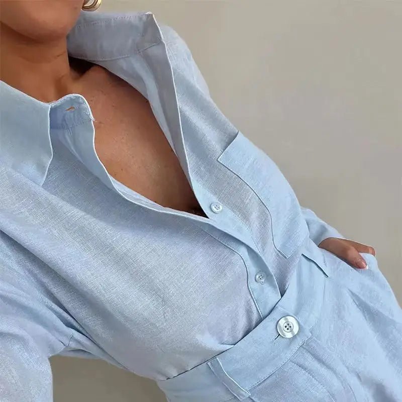 Conjunto de lino con camisa de manga larga y shorts de cintura alta Solenn