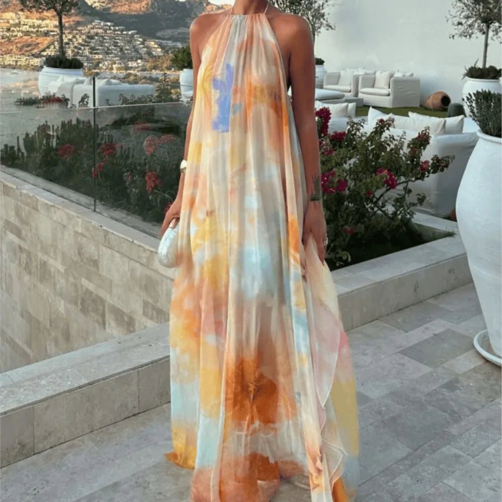 Vestido largo de encaje con escote halter y cordones Sophia