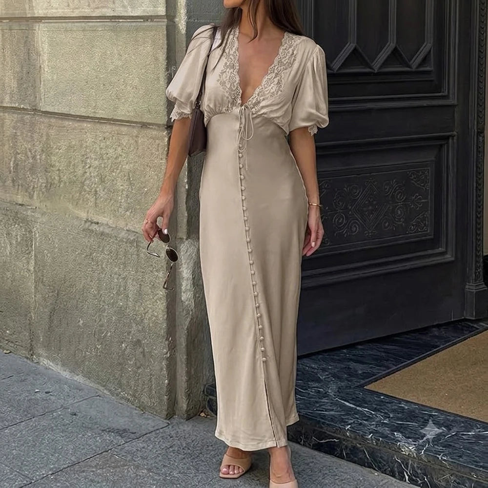Maxivestido con mangas abullonadas y cordones Sophia