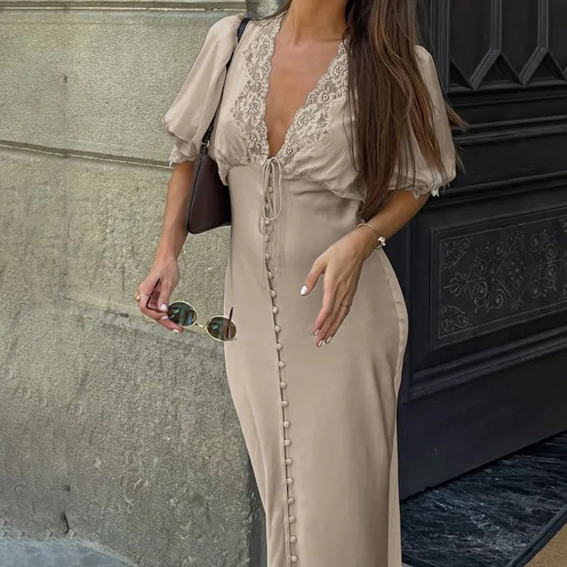 Maxivestido con mangas abullonadas y cordones Sophia