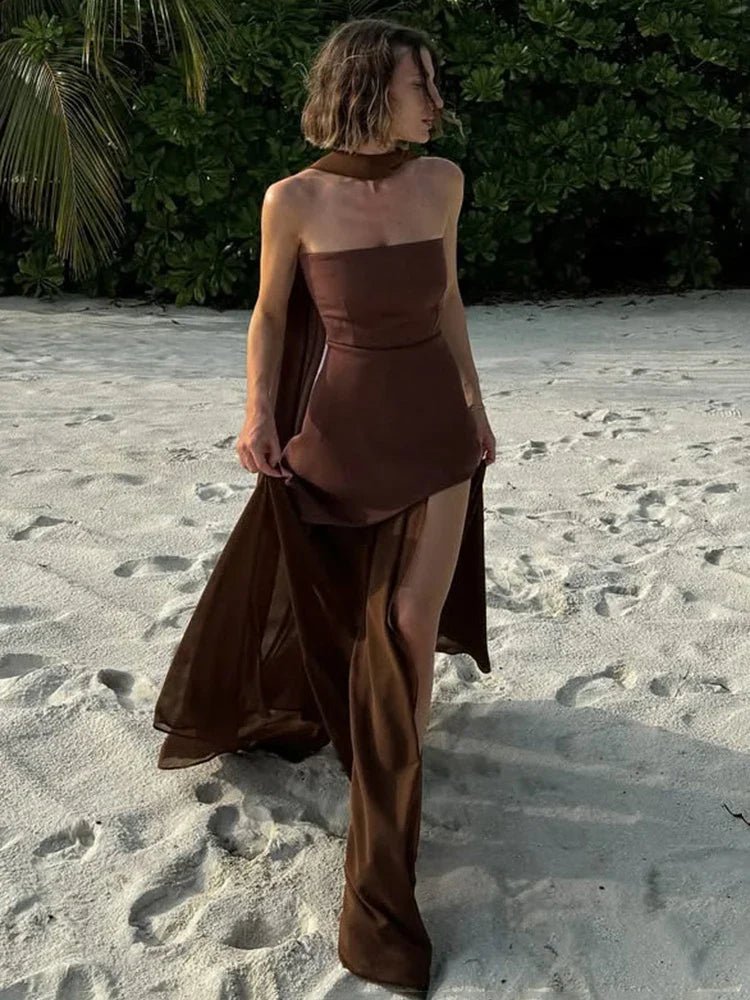 Vestido largo de malla con pañuelo y sin tirantes Sophia