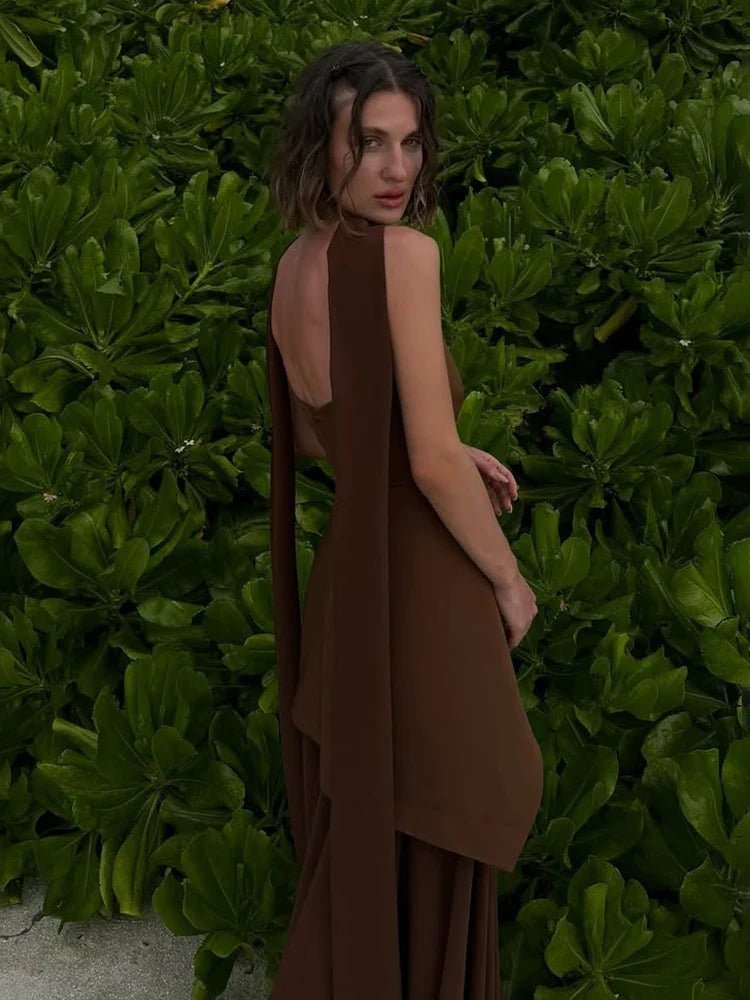 Vestido largo de malla con pañuelo y sin tirantes Sophia