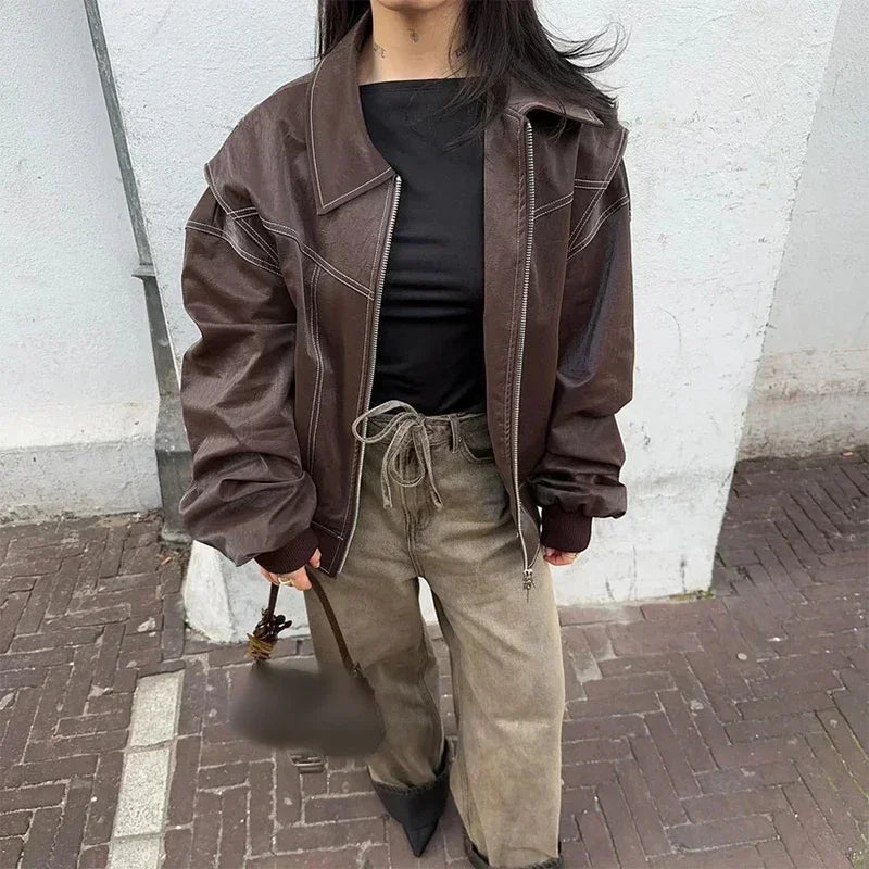 Sophia Zip‑Up Lapel Collar Jacket