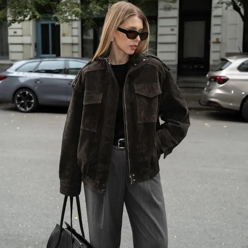Chaqueta bomber extragrande de ante con cuello alto