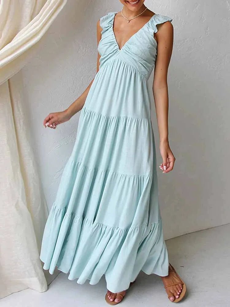 Vestido largo de algodón y lino con volantes Tahlia