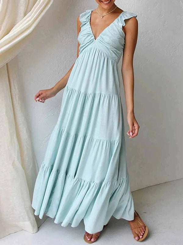 Vestido largo de algodón y lino con volantes Tahlia
