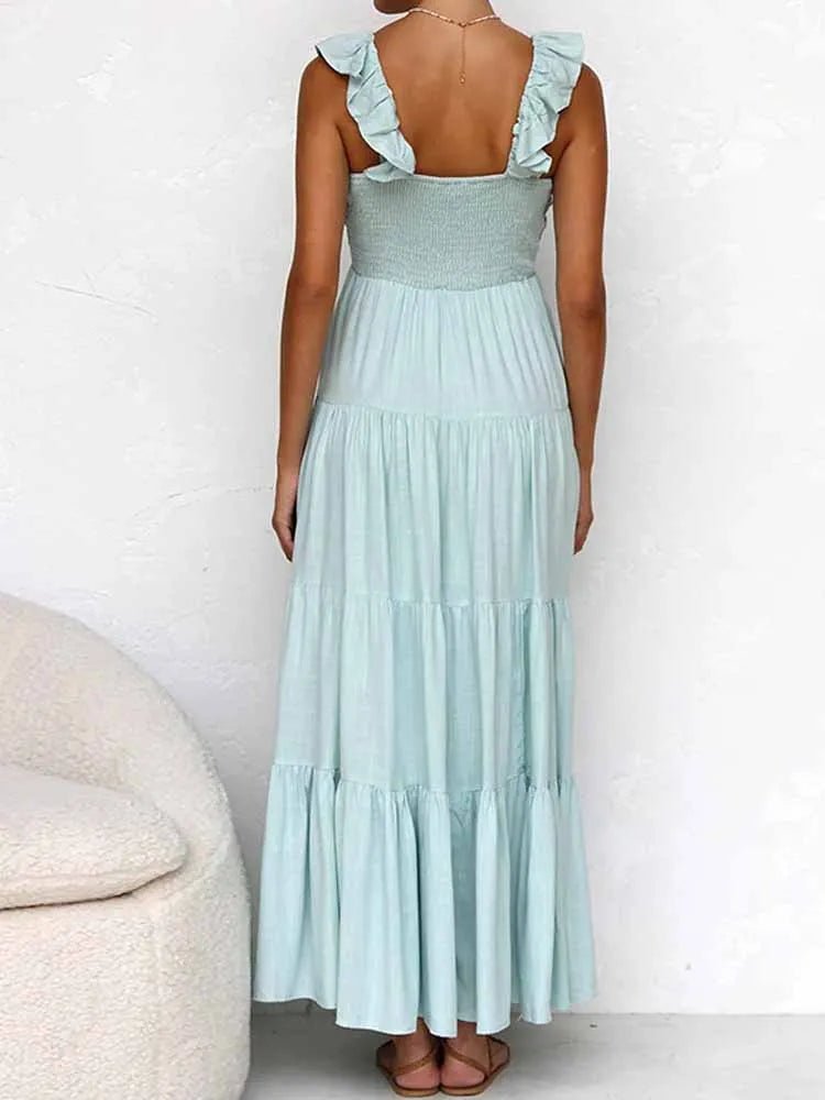 Vestido largo de algodón y lino con volantes Tahlia