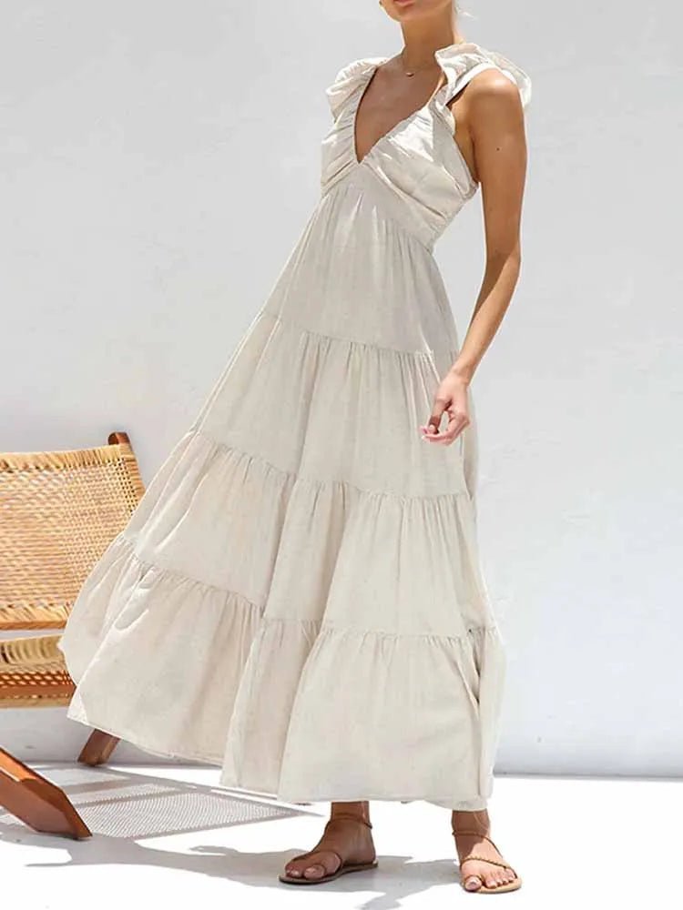 Vestido largo de algodón y lino con volantes Tahlia