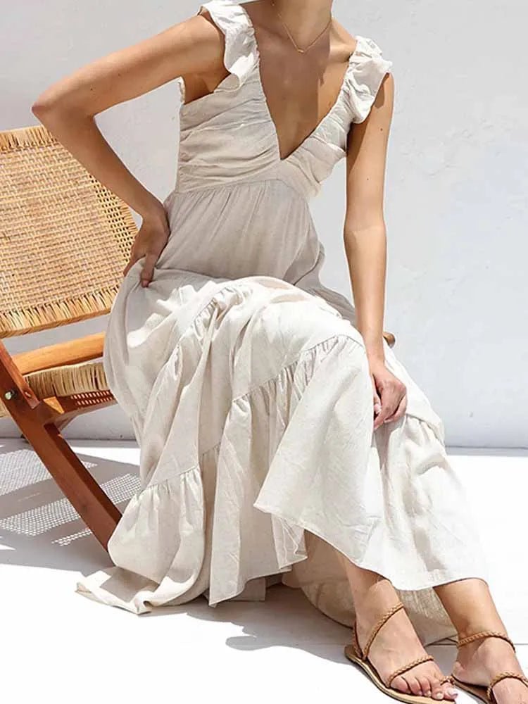 Vestido largo de algodón y lino con volantes Tahlia