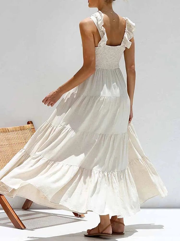 Vestido largo de algodón y lino con volantes Tahlia