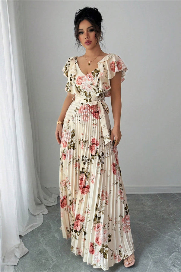 Maxivestido Valentina floral, con escote en V y mangas de volantes