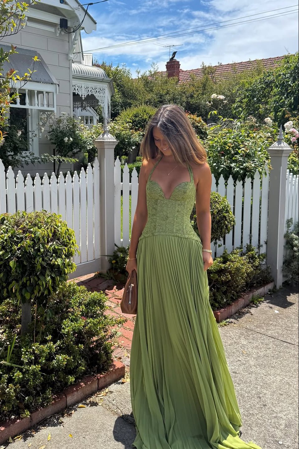 Vestido largo con corsé plisado Vivian