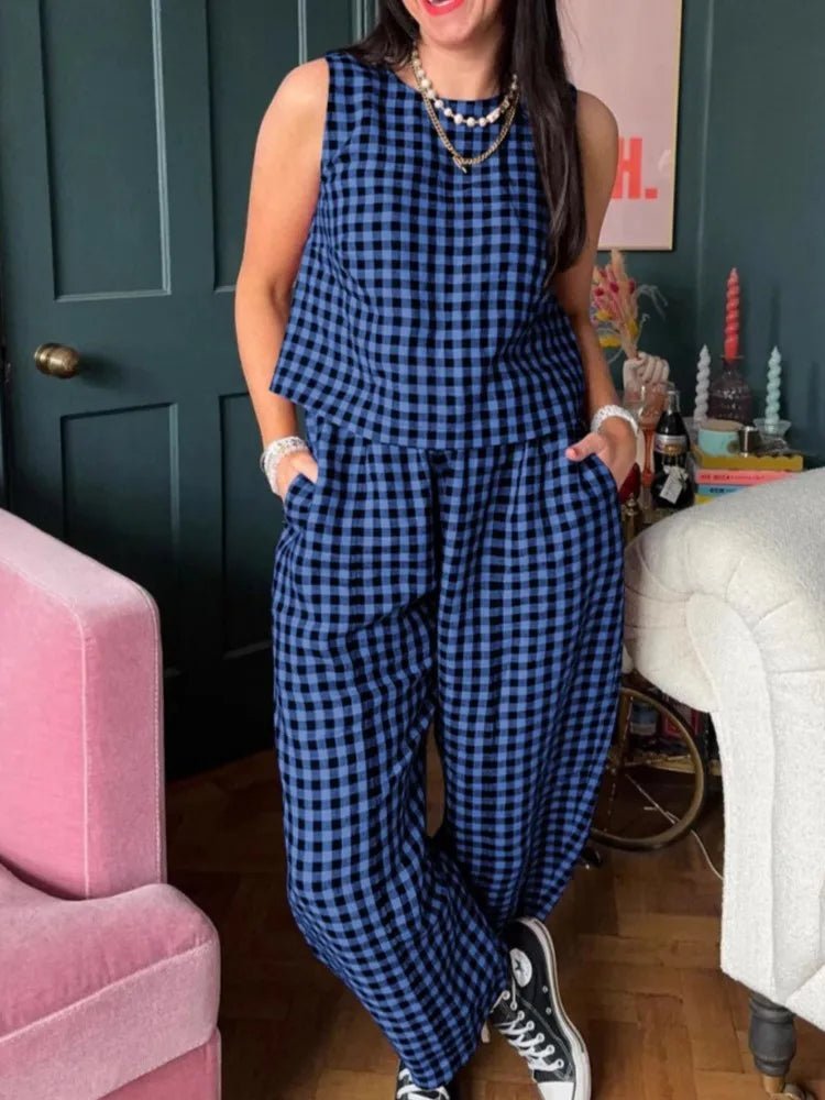 Conjunto Wren de chaleco de cuadros sin mangas y pantalón de nueve décimas