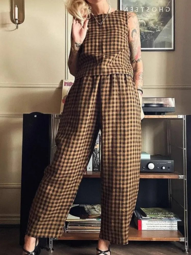 Conjunto Wren de chaleco de cuadros sin mangas y pantalón de nueve décimas
