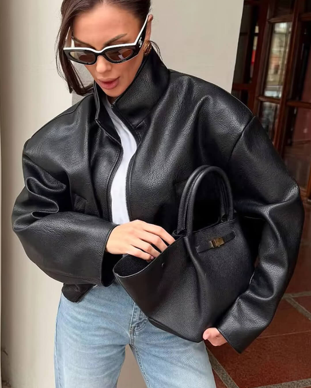 Chaqueta de cuero con cremallera Zip
