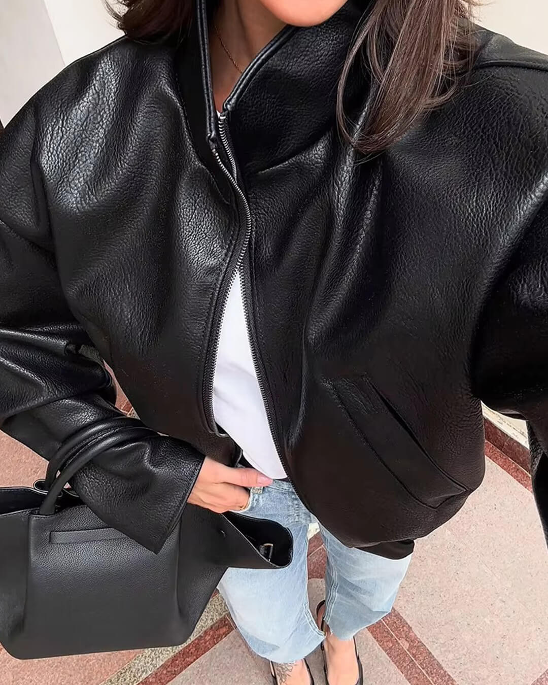 Chaqueta de cuero con cremallera Zip