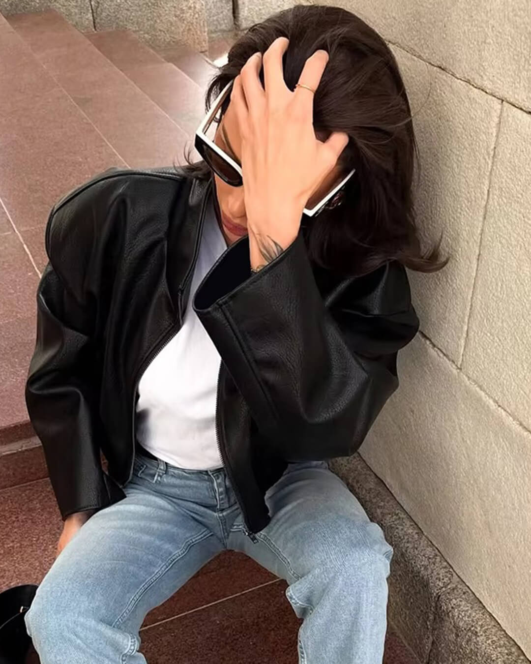 Chaqueta de cuero con cremallera Zip