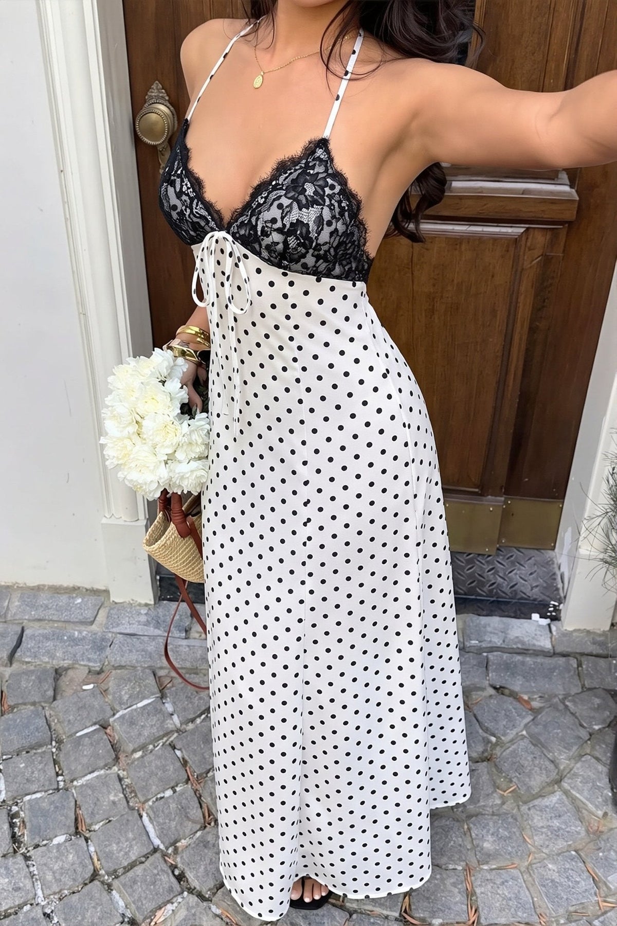Vestido largo halter con lunares Zoe