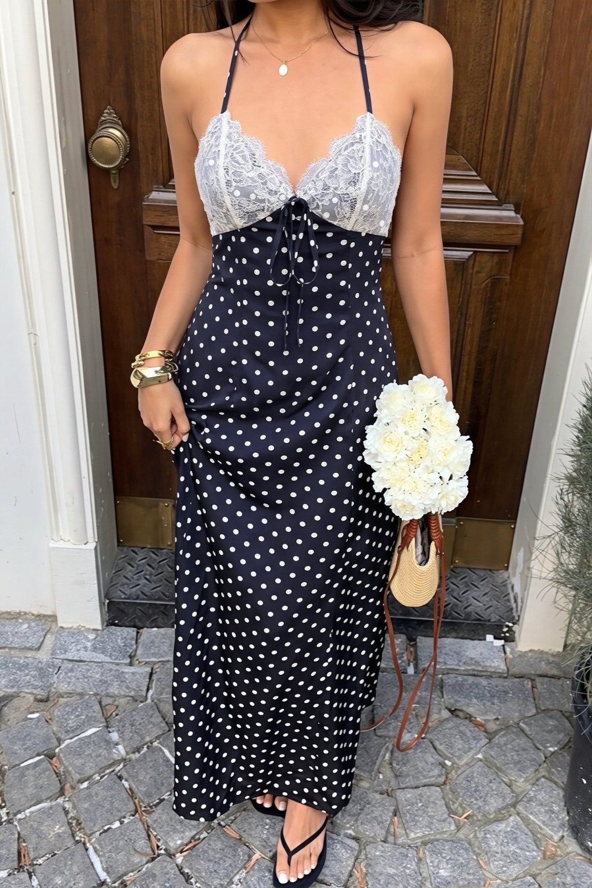 Vestido largo halter con lunares Zoe