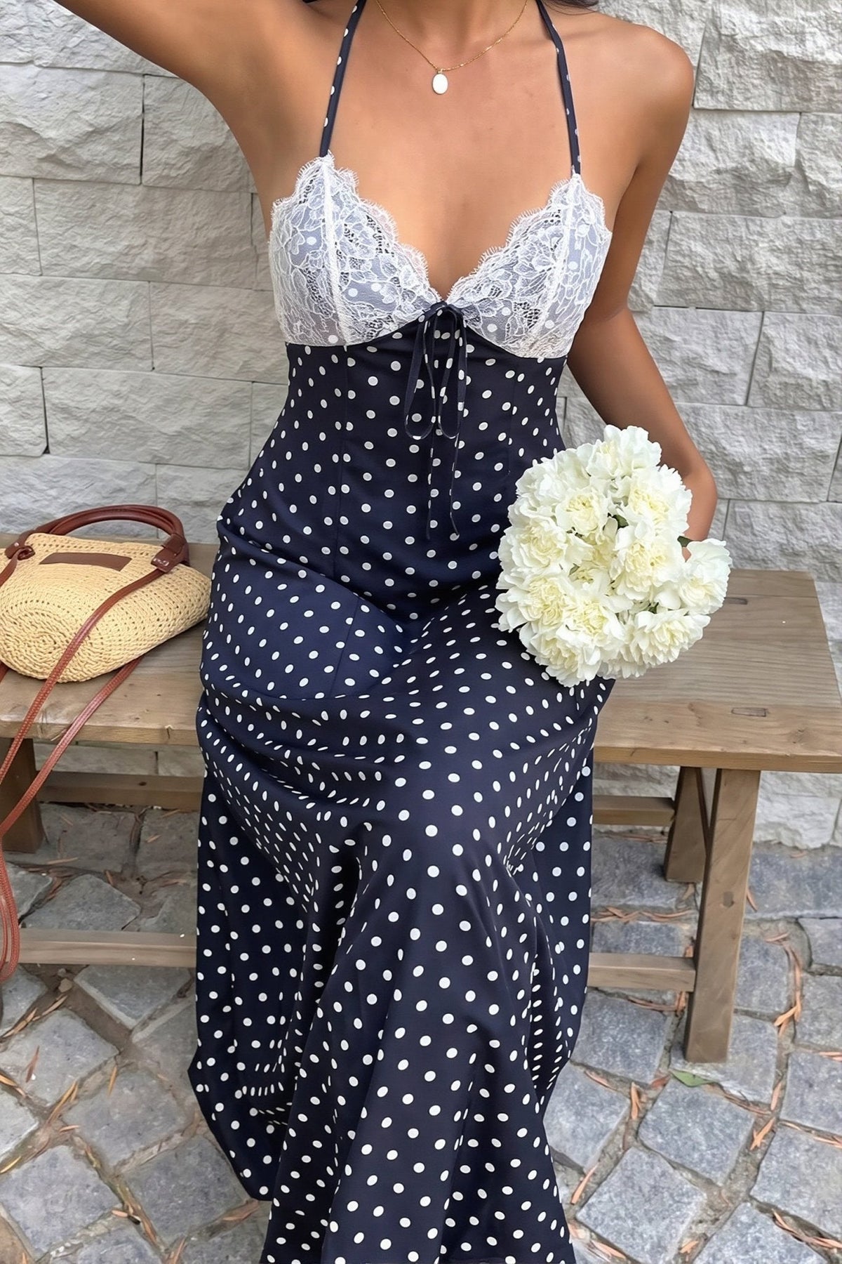 Vestido largo halter con lunares Zoe