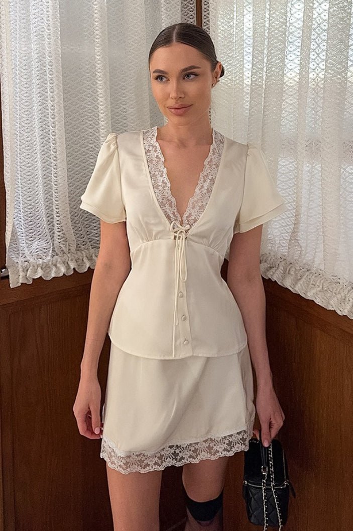 Zoe Satin Lace V-Neck Tie-Waist Skirt Set
