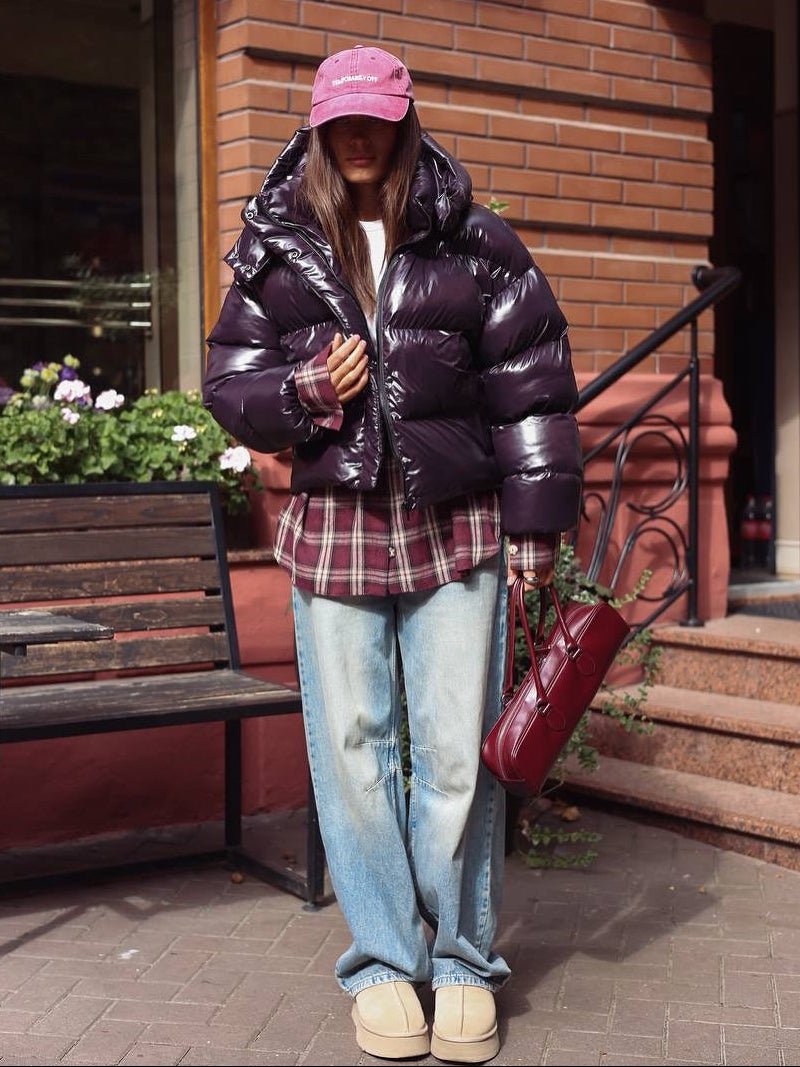 Mette Glossy Hooded Puffer Jacket in plum – styled look