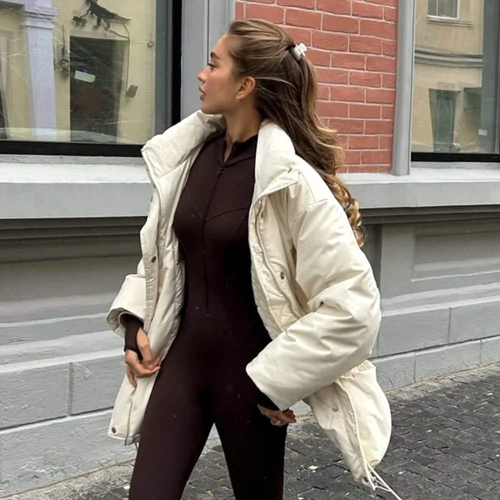 Oda Stand-Collar Padded Coat in ivory – styled look