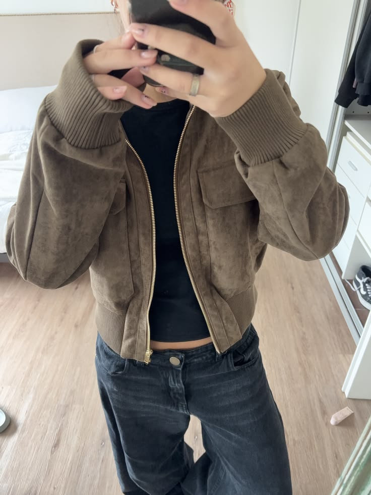 Stella Faux Suede Bomber Jacket in olive brown – styled look